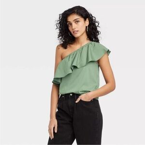 EUC A New Day One Shoulder Ruffle Cropped Green Tank Top Size S